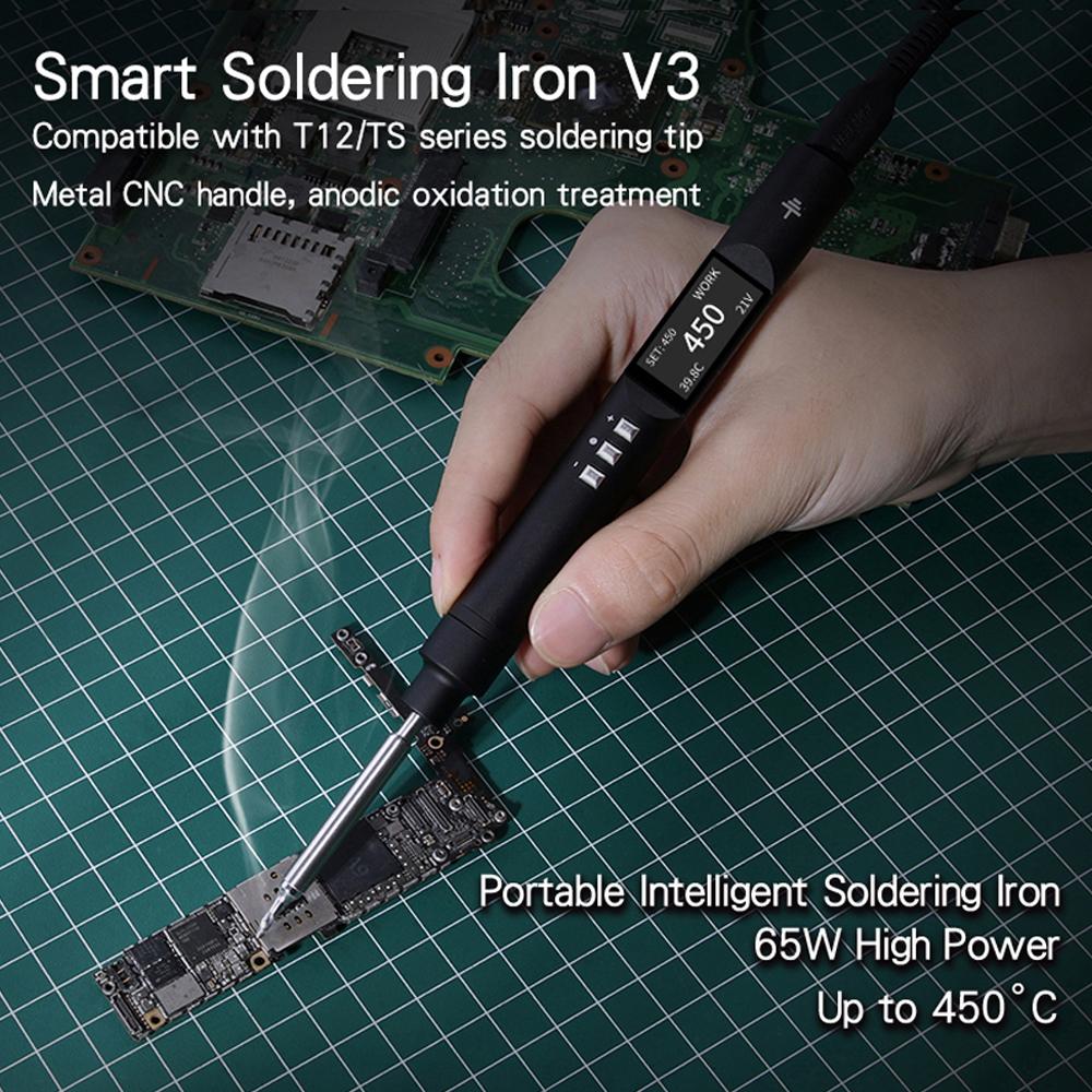 PTS200 65W PD3.0 Intelligent Soldering Iron CNC Metal Housing 0.96inch OLED Display Open Source Programing 50-450℃ Temperature Controllable Soldering Station Compatible with T12 T-S Series Soldering Tips