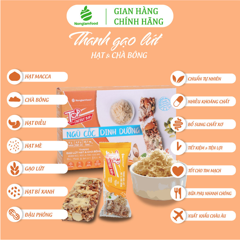 Thanh gạo lứt Hạt & Chà Bông Nonglamfood hộp 8 thanh 136g | Hỗ trợ ăn kiêng giảm cân, tập gym | Bữa ăn sáng thay thế dinh dưỡng | Bổ sung dưỡng chất