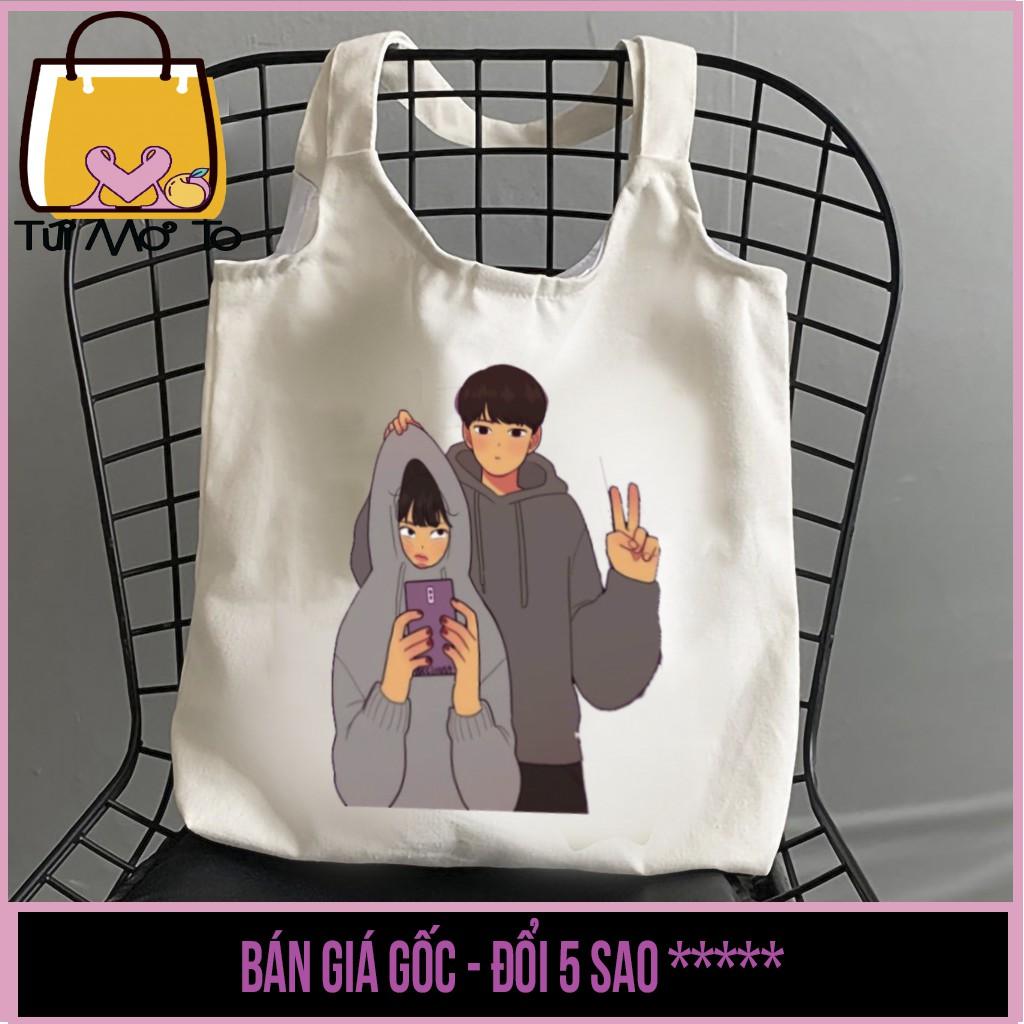 Túi tote túi vải túi canvas quai tròn có khóa kéo in hình cặp đôi mặc áo hoodie - Túi Mơ To store