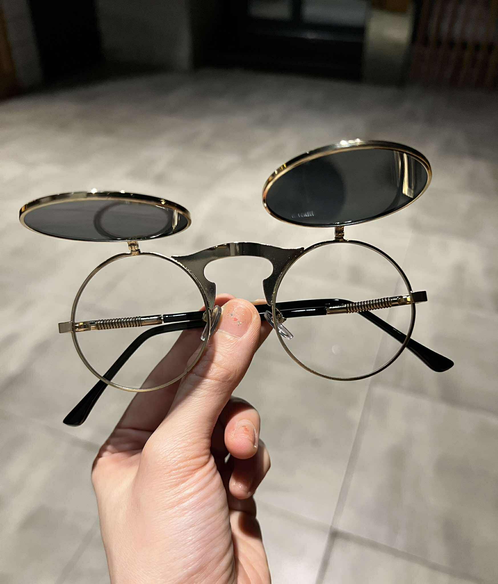 Kính râm unisex nam nữ Mắt tròn 2 lớp bật nắp gọng kim loại