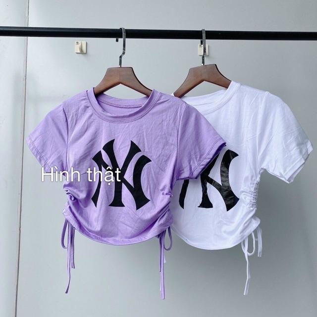 Áo thun rút dây croptop in chữ vải thun lụa