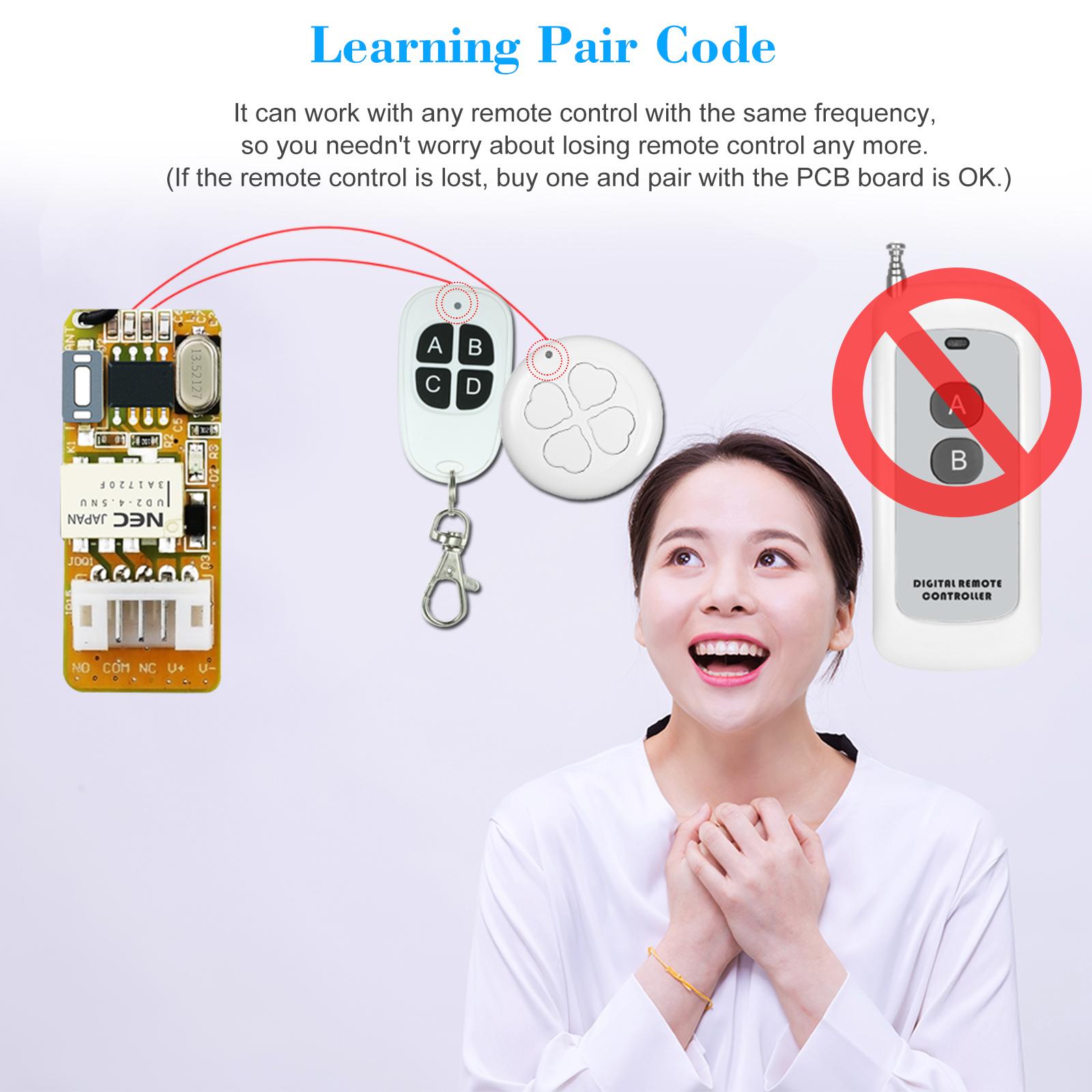 433Mhz DC 3.7V 4.5V 5V 6V 7.4V 9V 12V Universal Receiver Module RF Remote Control Switch Relay 1CH Mini Wireless Control Switch 3.7V-12V Wide Working Voltage + 1PCS 2 Key 433 Mhz Transmitter Remote Controls 1527 Chip
