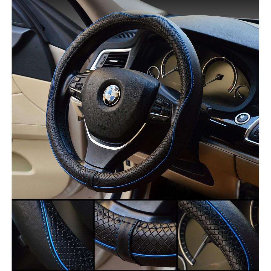 Bọc Vô Lăng Ô Tô Da Bò Cao Cấp Màu Đen Chỉ Xanh