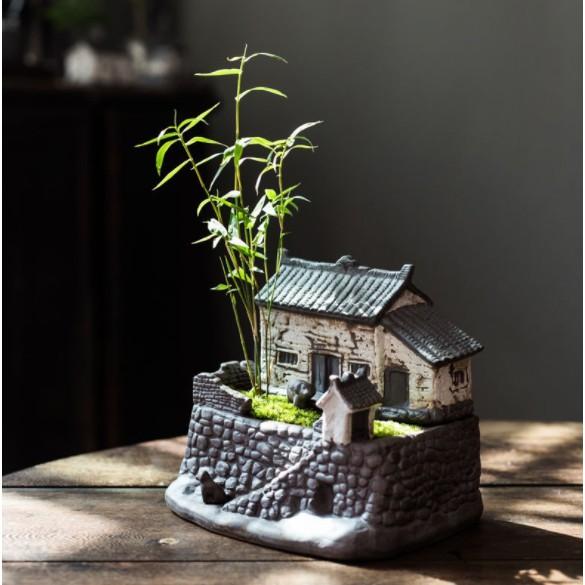 Nhà cổ trồng cây mẫu số 6 trang trí tiểu cảnh để bàn bonsai mini- Chất liệu gốm tử sa
