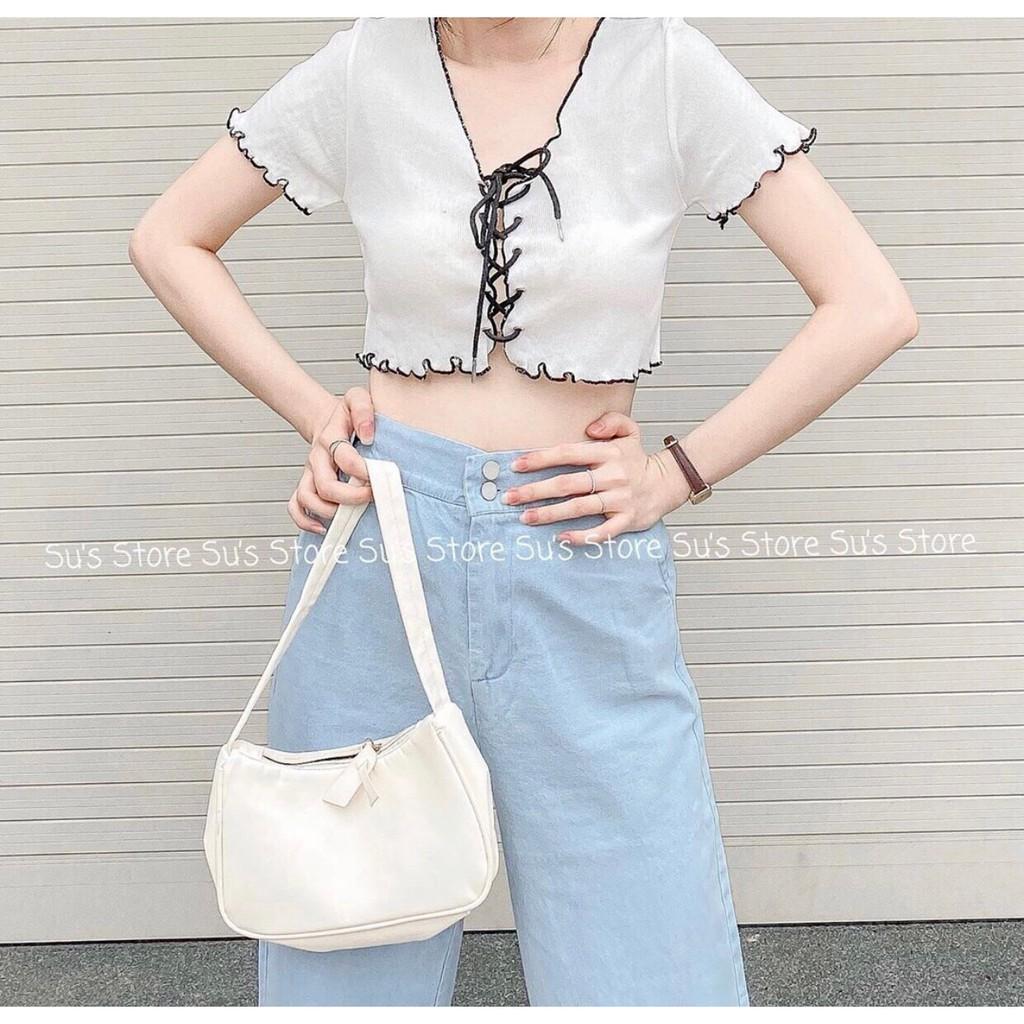 Áo croptop viền chỉ rút dây - kèm ảnh thật A5008