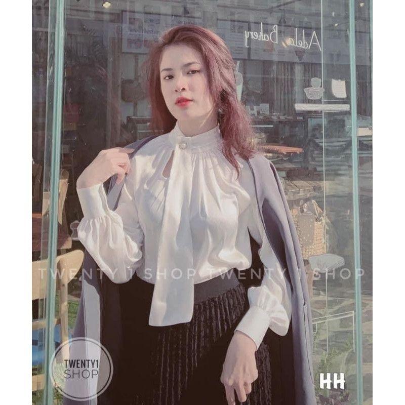 Áo Sơ Mi Nữ Trắng Cổ Đính Ngọc Dây Nơ, Áo Sơmi Trắng Văn Phòng Chất Lụa Dài Tay F007