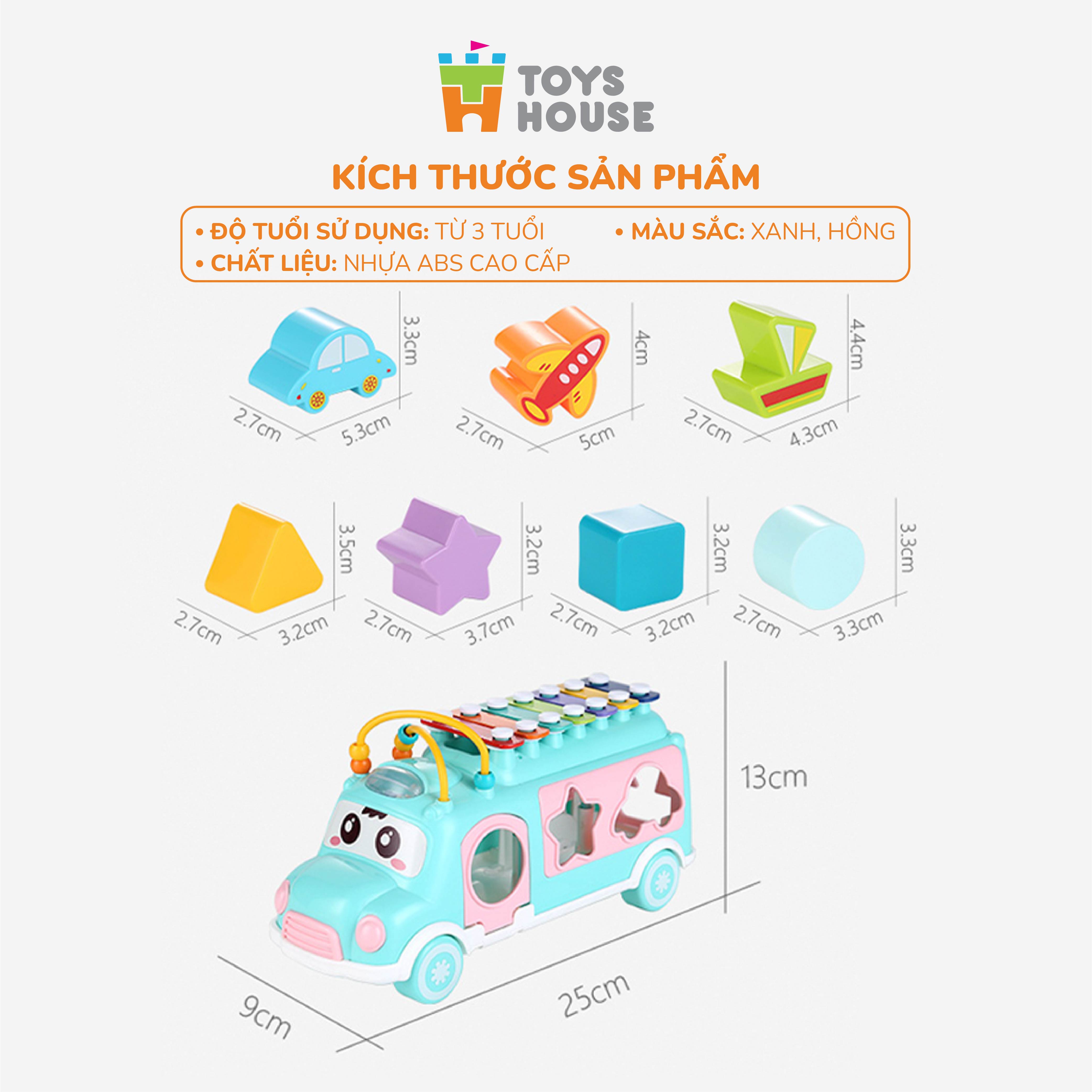 Đồ chơi giáo dục cho bé - ô tô thả khối kết hợp đàn gõ Xylophone ToysHouse HE8036 - màu xanh/hồng