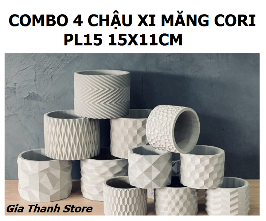 Combo 4 Chậu trồng sen đá , xương rồng, bonsai cây cảnh bằng xi măng, chính hãng Cori , chậu 3D Origami hình trụ tròn kích thước 15x11cm - Cement pots GiaThanh Decor