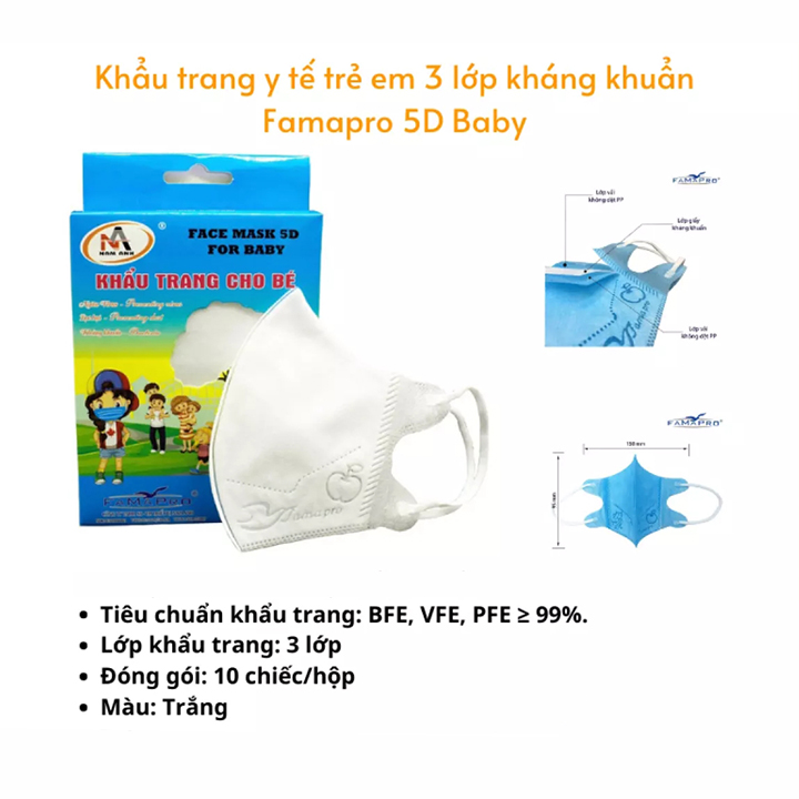 Hộp 10 khẩu trang trẻ em 5D cho bé 2-7 tuổi nhiều màu sắc đáng yêu bảo vệ hiệu quả đường hô hấp của bé BBShine – M012
