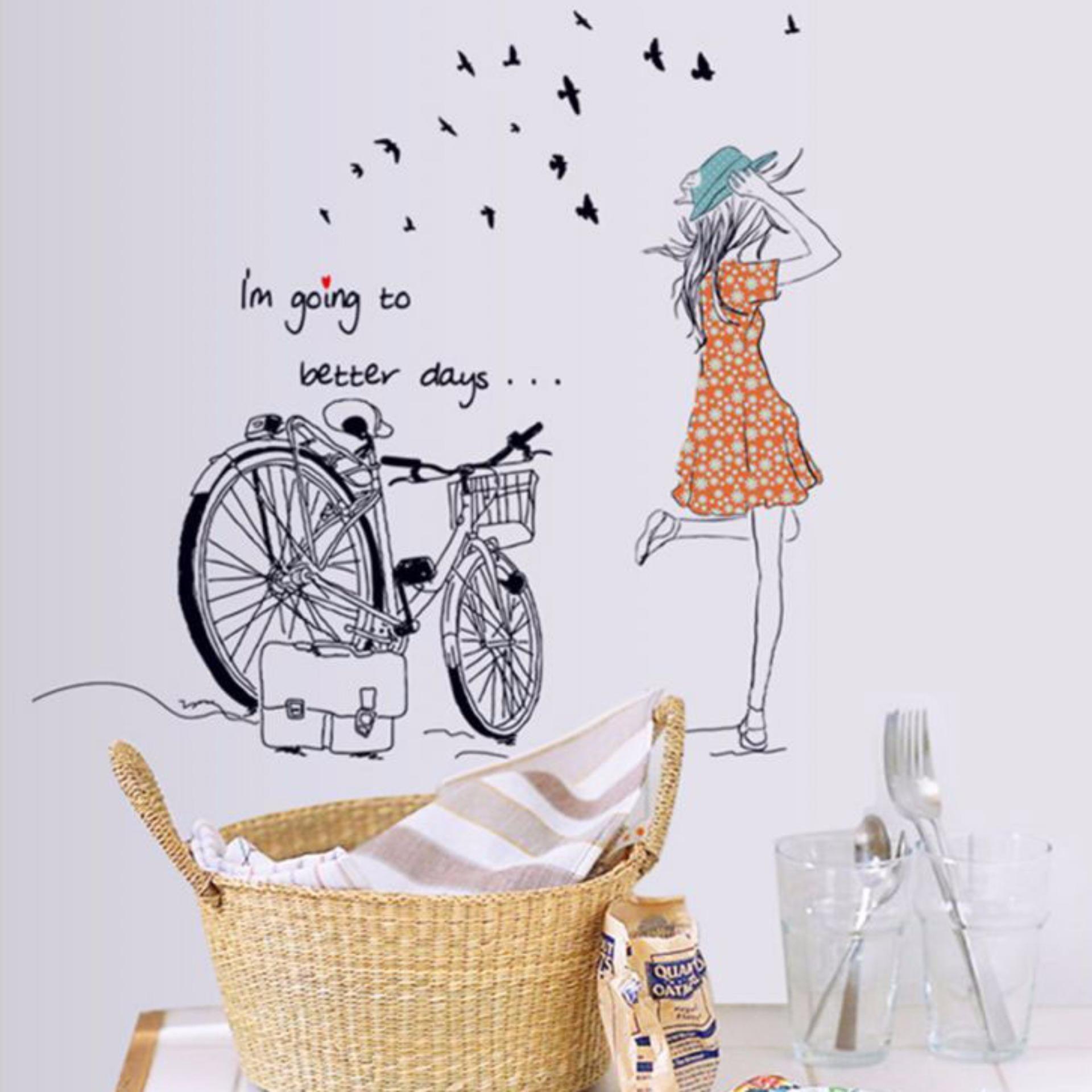 DECAL DÁN TƯỜNG HOA XANH TÍM VÀ CÔ GÁI XE ĐẠP