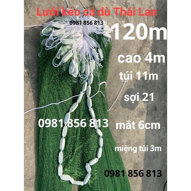 Lưới kéo cá - Lưới vét cá - Lưới quét cá ao hồ bằng dù Thái dài 120m cao 4m mắt 6cm sợi to 21 túi 11m