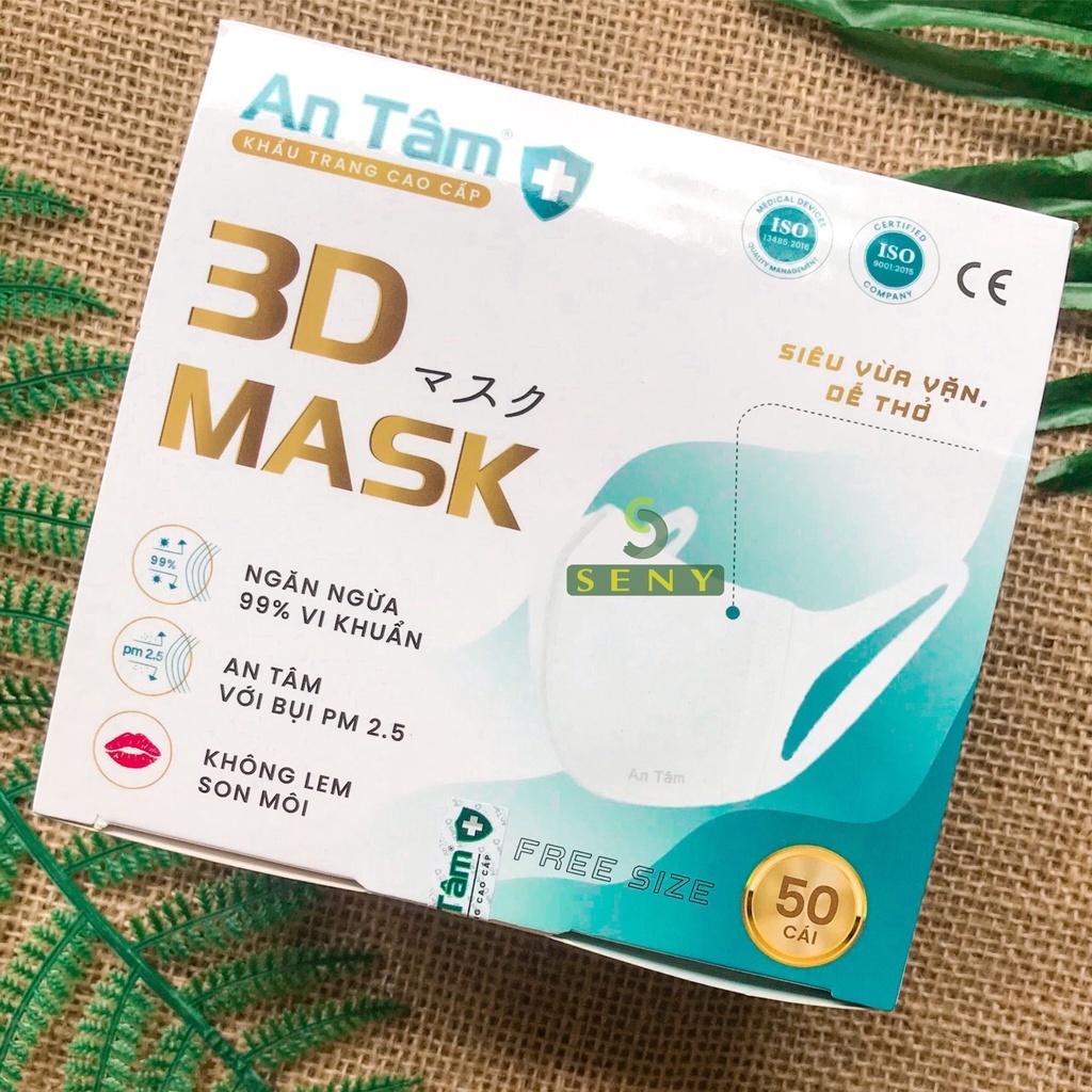 Khẩu trang 3d mask kháng khuẩn ngăn bụi mịn dây đeo mềm mại dễ thở hộp 50 cái chính hãng An Tâm_AT3D50O