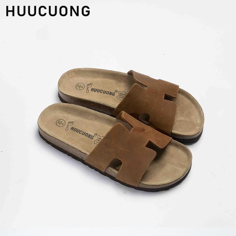 Dép unisex Huucuong chữ H da bò nâu đế trấu handmade