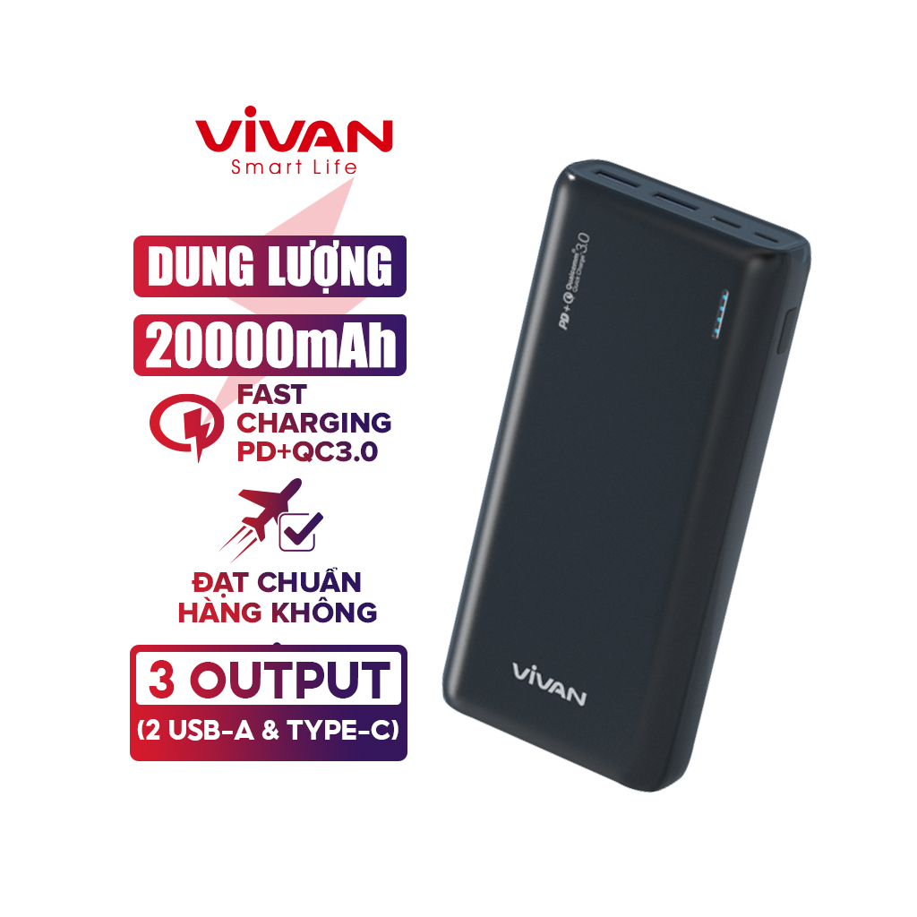 Pin sạc dự phòng Sạc nhanh VIVAN 20.000mah VPB-A20 2 Input &amp; 3 OutPut Chuẩn PD/QC 3.0 - Hàng Chính Hãng