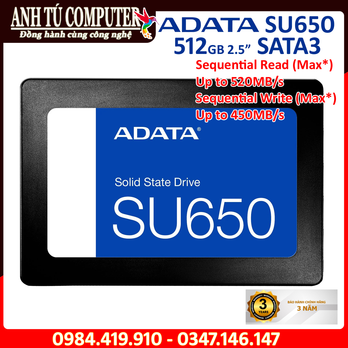 Ổ CỨNG SSD ADATA SU650 512GB 2.5″ Sata III hàng chính hãng
