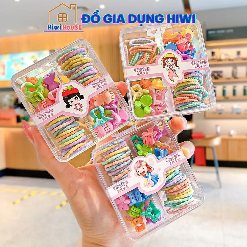 Set dây buộc tóc mix kẹp tóc càng cua cho bé (Hộp Vuông 4 Ngăn)