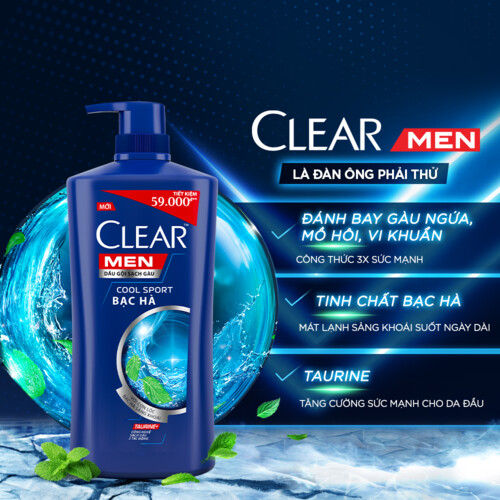 Dầu Gội Đầu Clear Men Cool Sport Dầu Gội Bạc Hà Mát Lạnh Cực Đỉnh Suốt Ngày Dài Đánh Bay Gàu, Ngứa &amp; Vi Khuẩn 900g