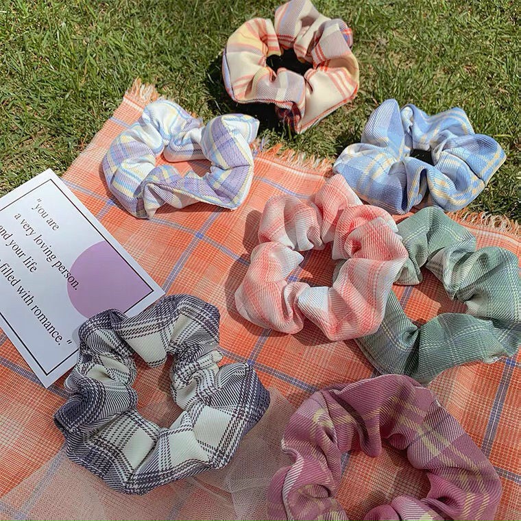 Set 5 Cột Tóc Vải Scrunchies Họa Tiết Caro Vintage Hàn Quốc, Dây Buộc Tóc Scrunchies Cứng
