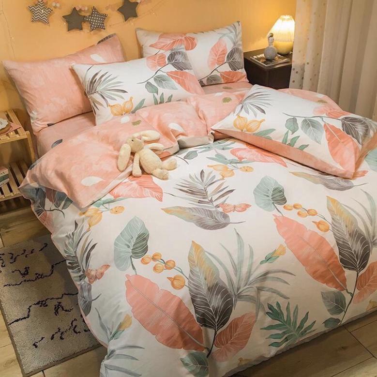 Bộ chăn ga gối Cotton poly Miha Bedding Lá đỏ, vỏ chăn mền, drap nệm và 2 vỏ gối