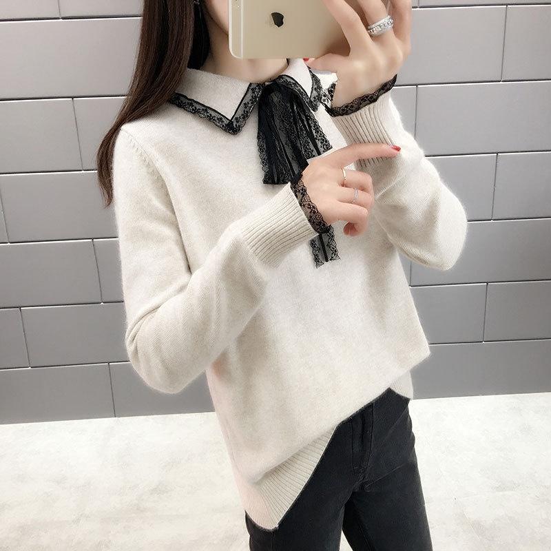 MS367 Áo len nữ cổ bẻ nơ ren thanh lịch