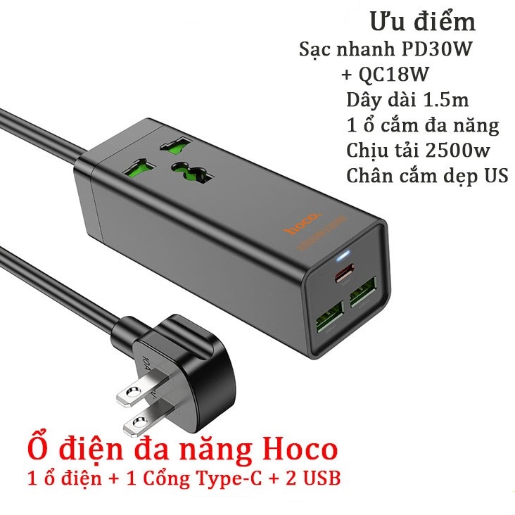 Ổ cắm điện đa năng sạc nhanh PD 30W cổng typeC + QC18W có 2*USB và 1*Type-C có 1 lỗ cắm tải 2500W dây dài 1.5m AC9 - Hàng chính hãng