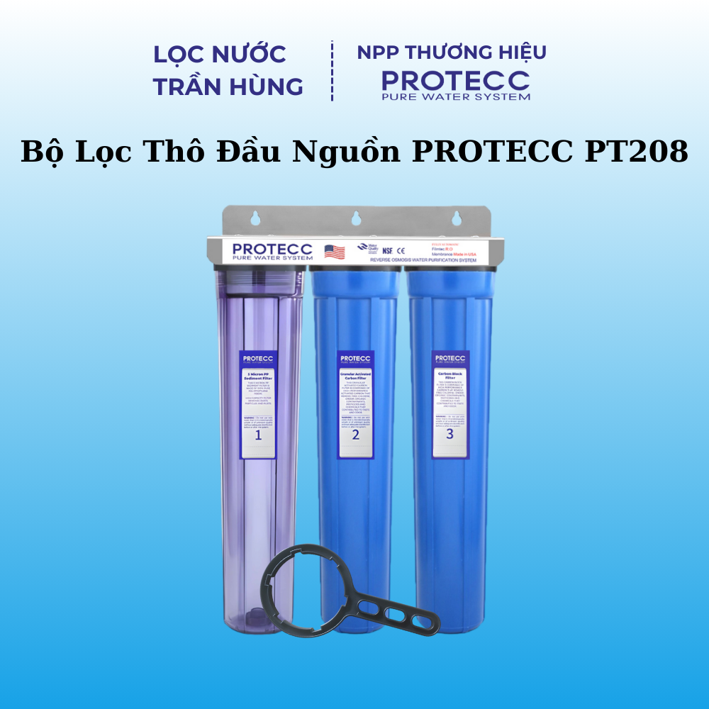 Bộ Lọc Tổng Sinh Hoạt 20 Inch PROTECC PT208 Hàng Chính Hãng- Lọc Tổng Nhà, Tổng Chung Cư, Sinh Hoạt, Công Suất Lớn