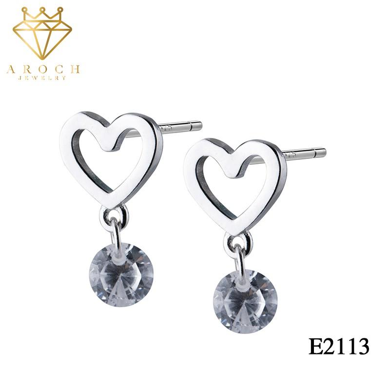 Khuyên tai bạc Ý s925 Tim rỗng thả đá E2113 - AROCH Jewelry