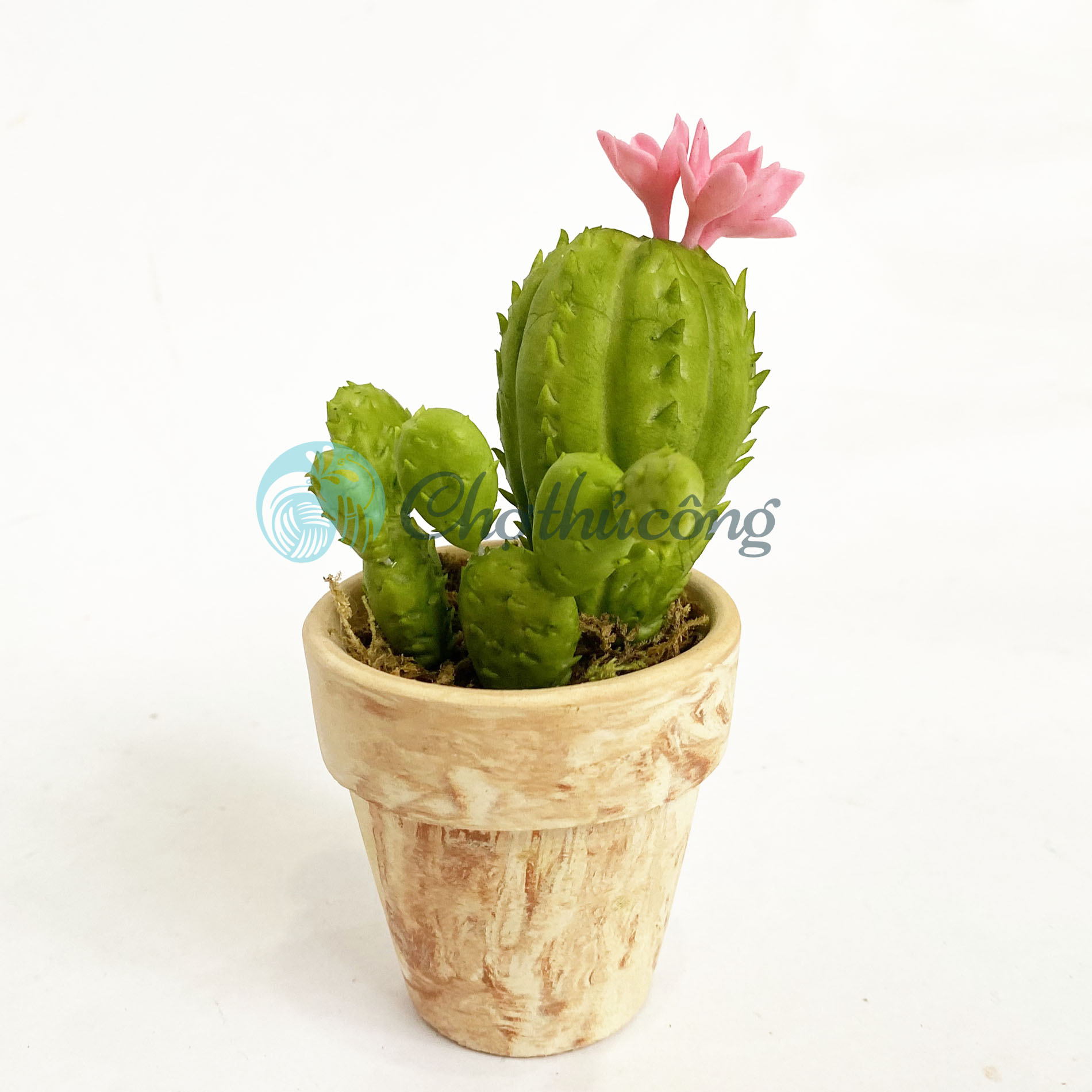 Chậu xương rồng mini giả decor - hoa đất sét Nhật thái, chậu cây mini handmade để bàn trang trí