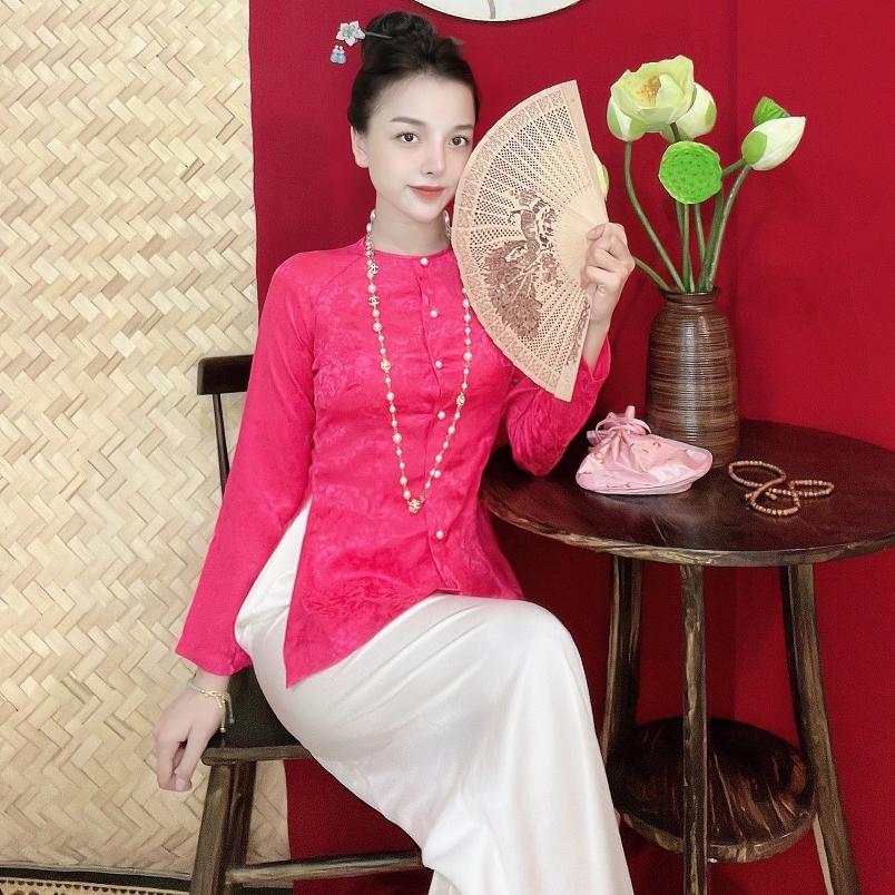 GẤM BÀ BA CỔ TRÒN Bigsize Trang phục truyền thống,Bộ quần áo Phật tử, đồ lam đi chùa mẫu nữ vải gấm - Áo Hồng (Ko quần)