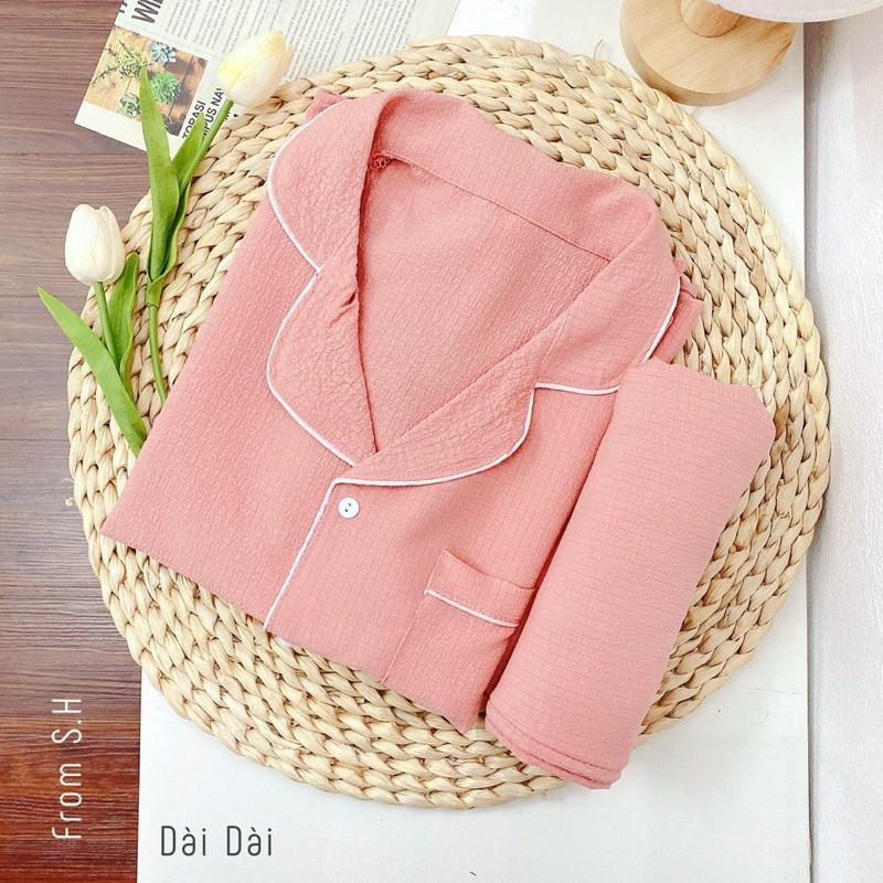 Bộ đồ ngủ nữ dài tay, bộ đồ pizama chất liệu xốp đũi Hàn mề