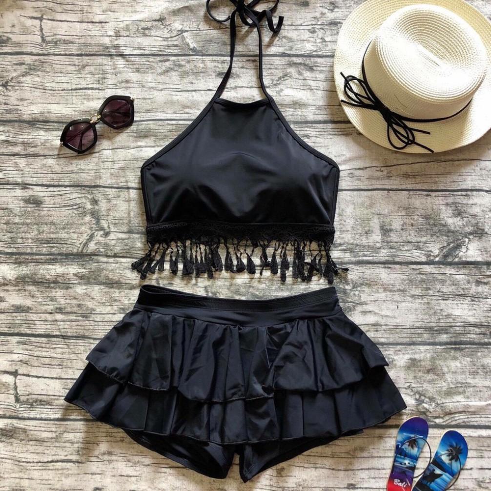 freeship Bikini hai mảnh áo yếm tua rua váy hai tầng đẹp mặc đi biển