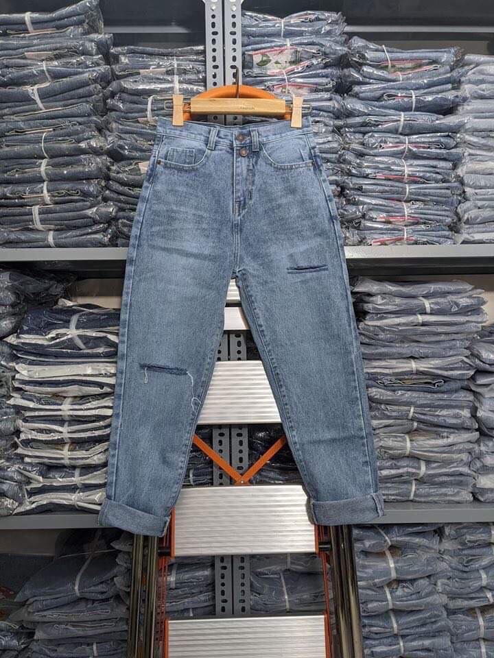 Quần Baggy Jean Lưng Cao 2 Nút Rách Gối