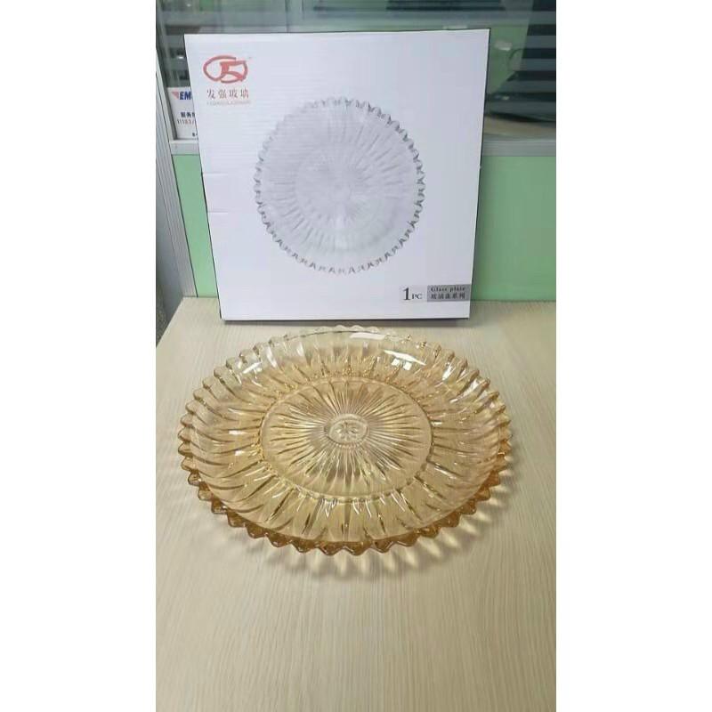 Xả kho đĩa thủy tinh vàng tròn 30cm hình tia mặt trời