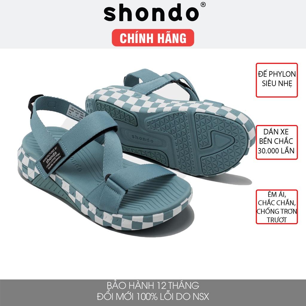 Giày sandal Shondo F7 nam nữ đi học đế cao caro xanh F7C3232