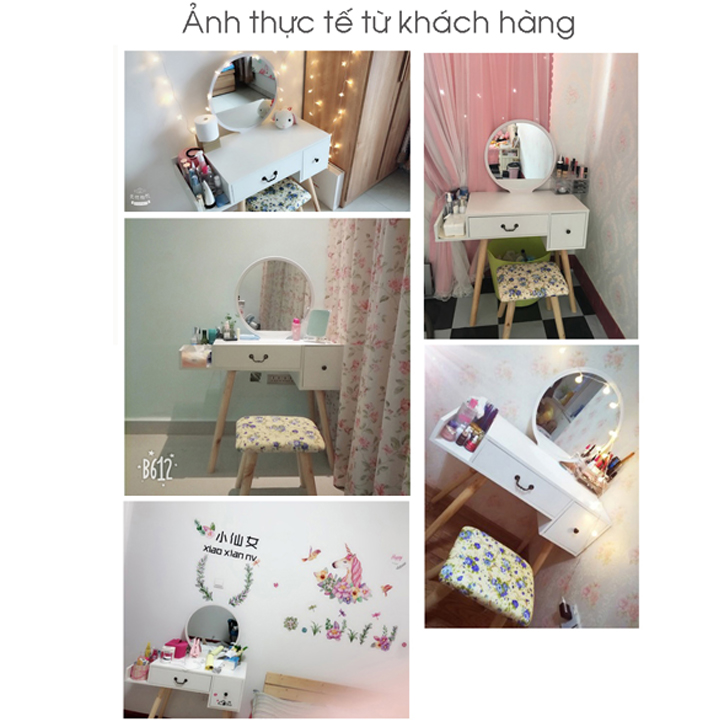 Bộ Bàn Ghế Trang Điểm Chân Bắc Âu, Gương Tròn