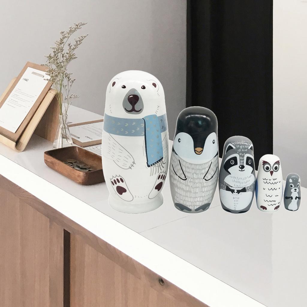 5 PIECES CARTOON ANIMAL MINIATURE WOODEN MATRYOSHKA RUSSIAN NESTING DOLLS