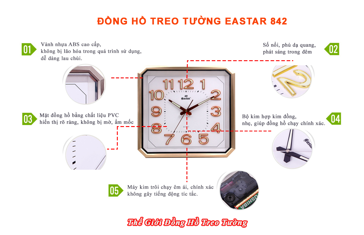 Đồng hồ Eastar Vuông vát góc, Máy kim trôi, có Dạ quang