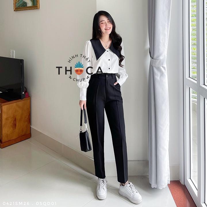 Quần baggy nữ công sở kiểu lỡ nút trơn đen 186 THOCA HOUSE chuẩn form cao cấp, tôn chân dài