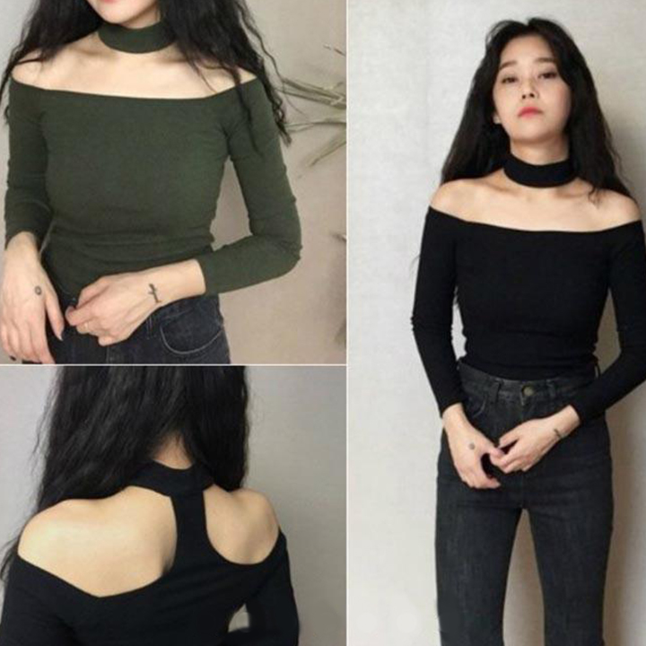 Áo Trễ Vai Cổ Choker Dài Tay Chất Liệu Cotton Freesize dưới 58kg