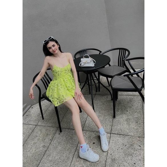 Set áo ren peplum 2 dây quần short xanh
