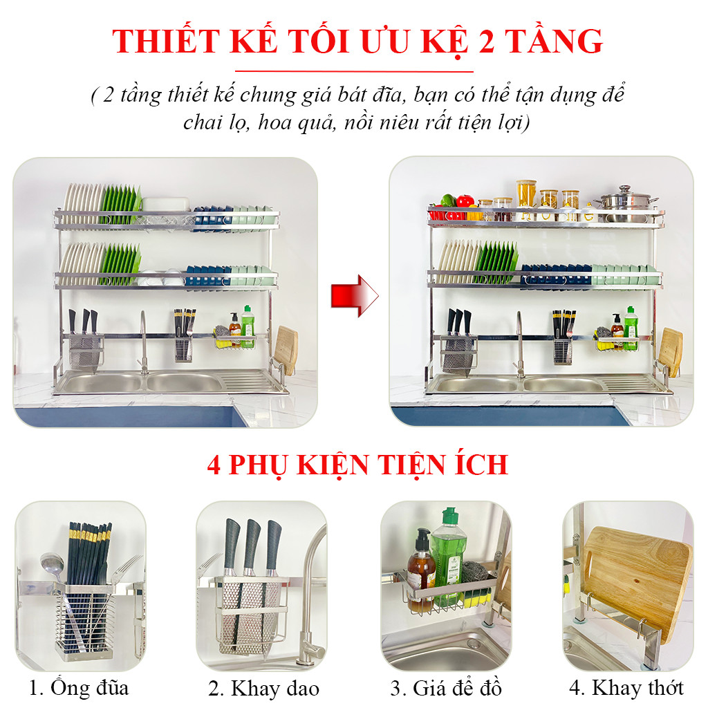 Kệ chén bát đa năng Foodcomkích thước 106 cm 2 tầng dùng cho bồn đôi bằng inox cao cấp không gỉ, giá để bát trên bồn rửa ráo nước cho nhà bếp sạch sẽ