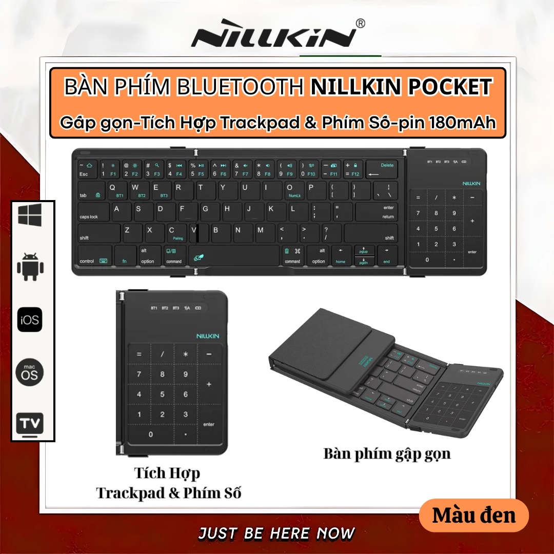 Bàn phím gấp gọn di động không dây bluetooth V5.2 tích hợp trackpad &amp; phím số hiệu Nillkin Cube Pocket - Nhỏ gọn, mỏng nhẹ, phím tắt thông minh, hỗ trợ Androids &amp; iOS, gõ thoải mái cho iPad cho iPhone, máy tính bảng, cho macbook, laptop - hàng nhập khẩu