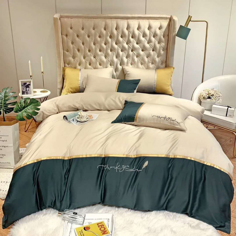 Chăn ga gối tencel loại đẹp-Trắng Xanh-Tặng 1 móc khóa Houston