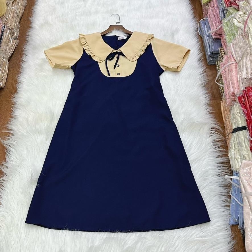 Đầm bầu giả yếm cổ sen bèo form suông công sở cotton lạnh mặc mát mẻ, trẻ trung - Hồng