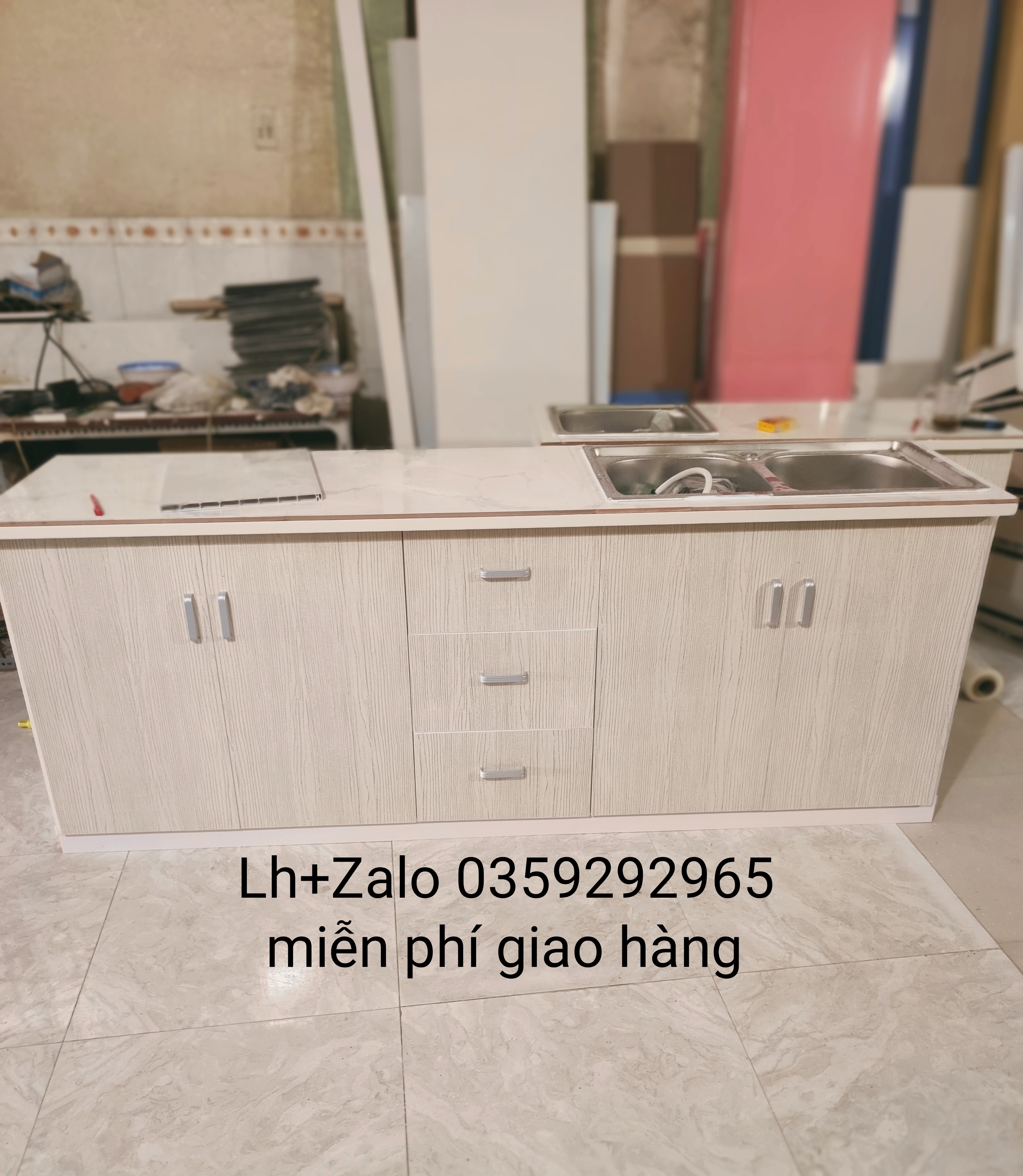 Tủ bếp mini nhựa đài Loan ốp mặt gạch sẵn bồn đôi
