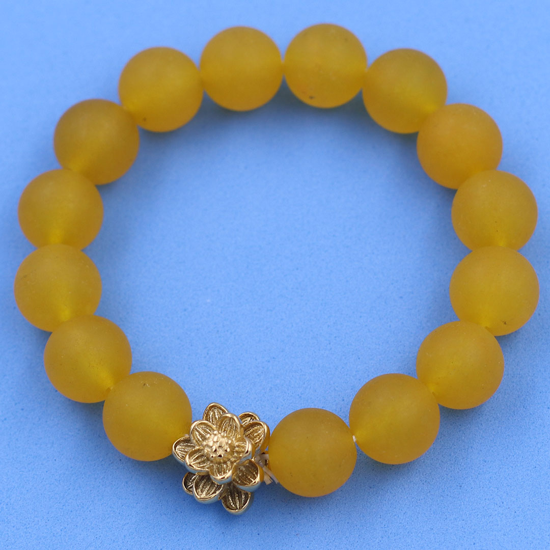 Vòng chuỗi đeo tay đá thạch anh vàng mờ 12 ly charm hoa sen inox vàng, vòng chuỗi phong thuỷ, bông sen inox, vòng chuỗi hạt, vòng chuỗi tay charm bông sen inox