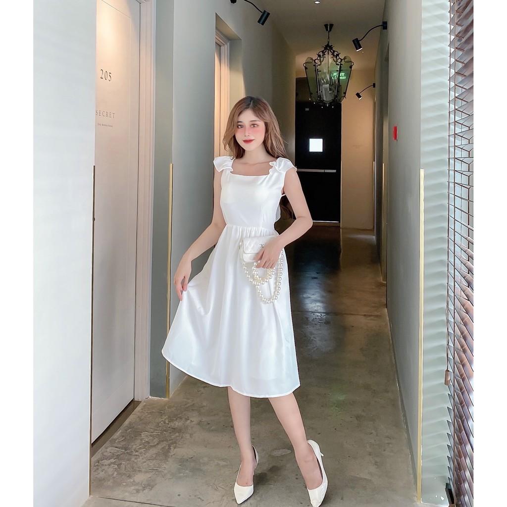 ĐẦM BÈO VAI NHÚN NƠ SAU KHOÉT LƯNG CỔ VUÔNG DÁNG XÒE-hình thật shop chụp