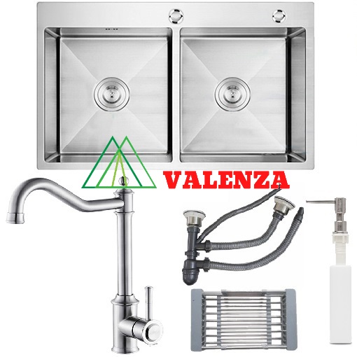 Combo chậu rửa chén bát hai hố cân Valenza sus304 8245 + vòi rửa bát sus304 cổ điển 2 đường nước + rổ inox đa năng + bình xà phòng