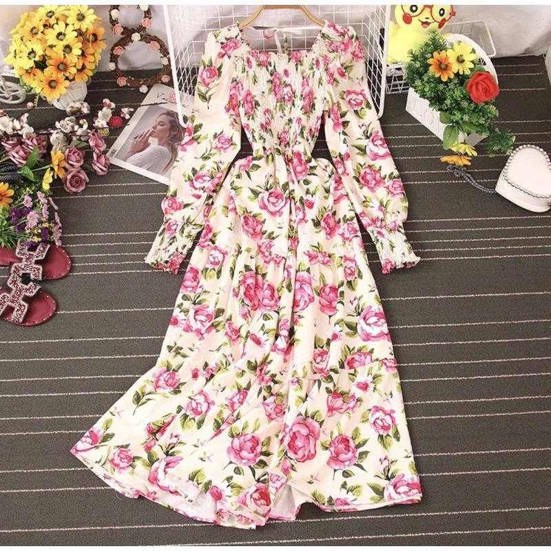 ĐẦM MAXI TAY PHỒNG HOA HỒNG SANG CHẢNH