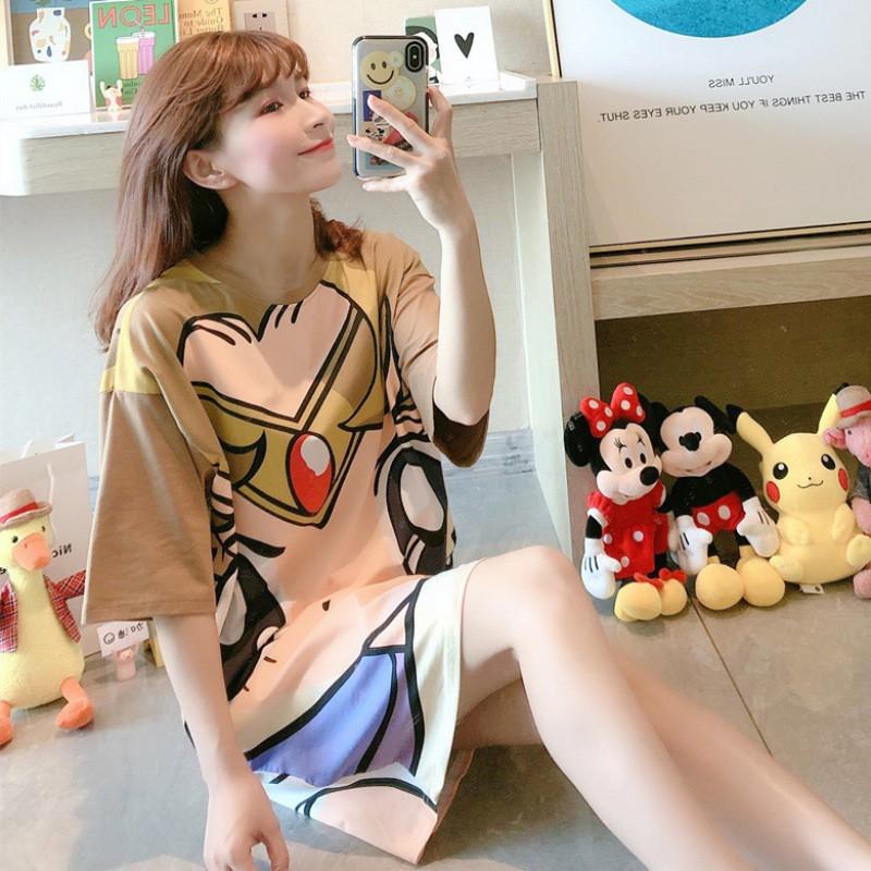 Đầm Ngủ Ngắn Tay In Họa Tiết Hoạt Hình Xinh Xắn Dành Cho Nữ